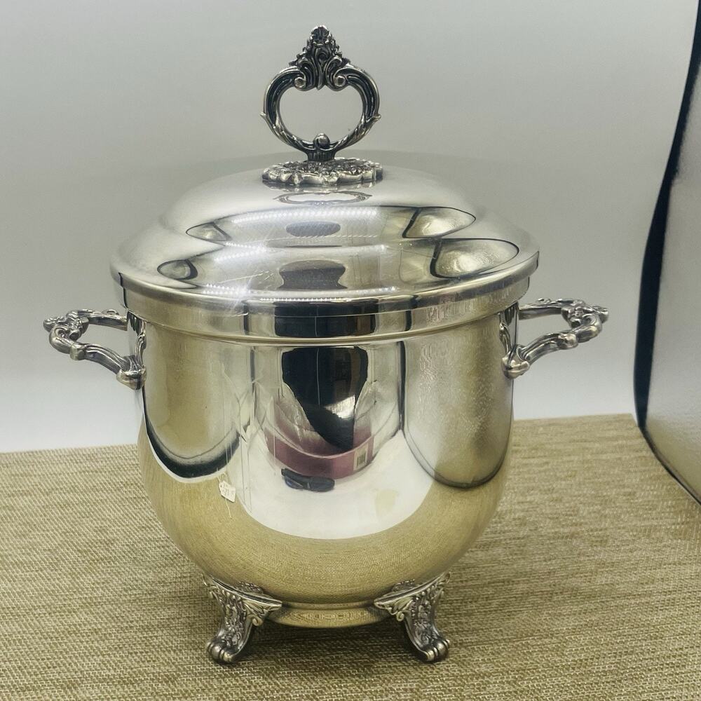 VTG Silverplate Ice Bucket Pedestal With Insulated Glass Insert And Lid